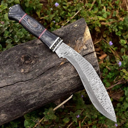 Custom Damascus Steel Kukri Hunting Knife – Black Micarta & Red Spacers
