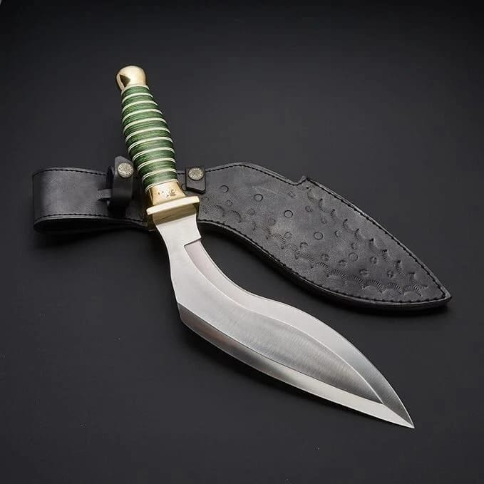 Custom Fixed-Blade Kukri Hunting Knife – Green Grooved Handle & Sheath