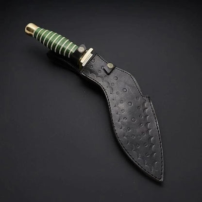 Custom Fixed-Blade Kukri Hunting Knife – Green Grooved Handle & Sheath