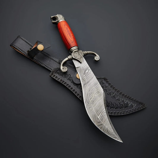 Handcrafted Damascus Steel Recurve Blade Knife with Wolf Head Pommel & Rosewood Handle