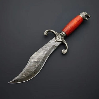 Handcrafted Damascus Steel Recurve Blade Knife with Wolf Head Pommel & Rosewood Handle