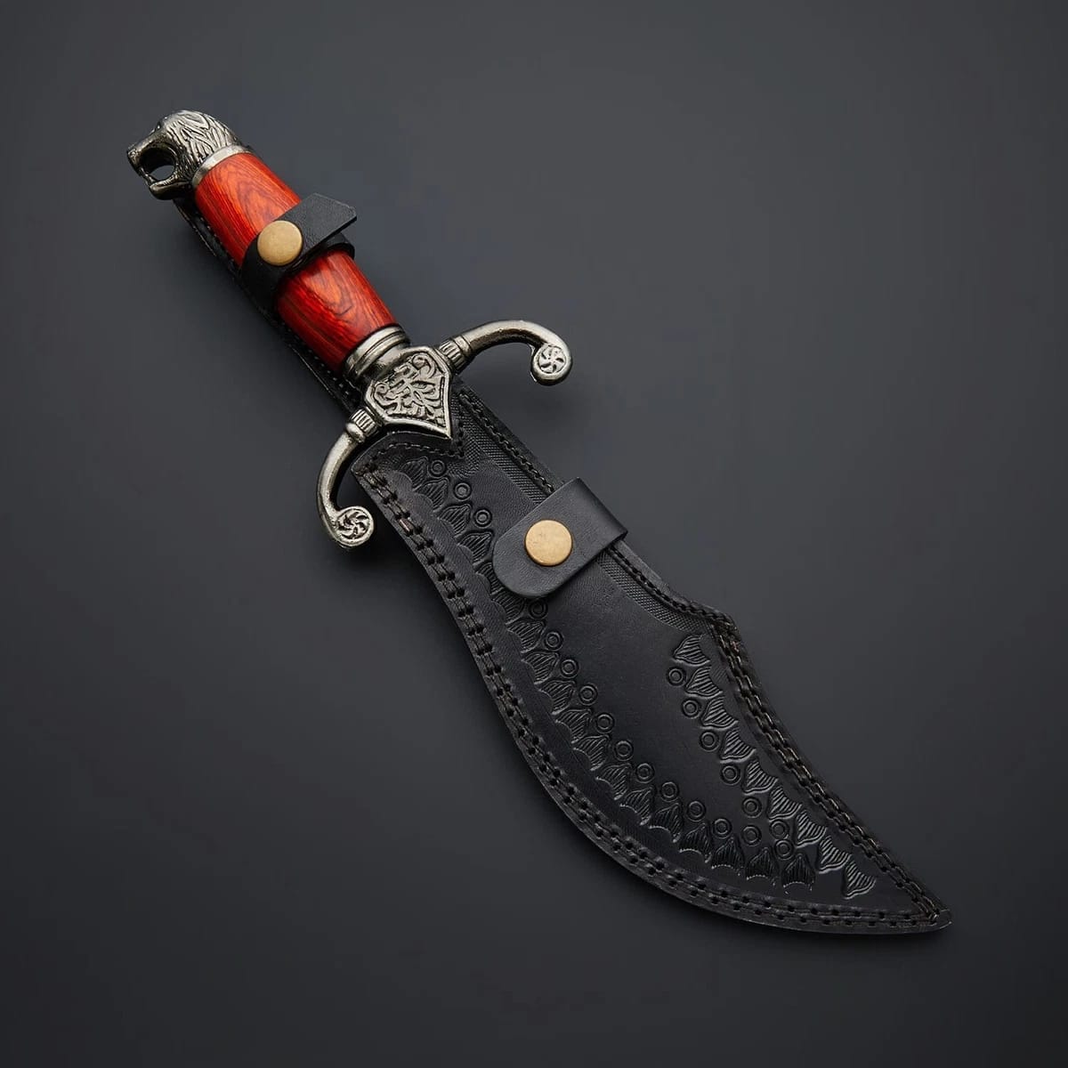 Handcrafted Damascus Steel Recurve Blade Knife with Wolf Head Pommel & Rosewood Handle
