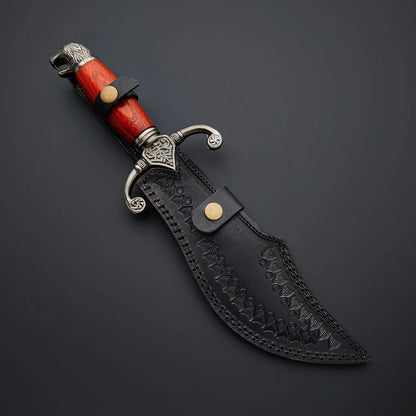 Handcrafted Damascus Steel Recurve Blade Knife with Wolf Head Pommel & Rosewood Handle