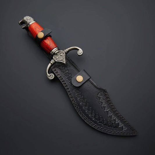 Handcrafted Damascus Steel Recurve Blade Knife with Wolf Head Pommel & Rosewood Handle