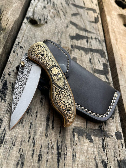 Handcrafted Engraved Brass Folding Pocket Knife with Viking Skull Artwork & Leather Sheath