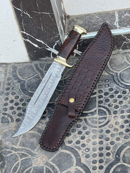 Handcrafted Damascus Steel Bowie Knife with Leather Handle & Crocodile Embossed Sheath
