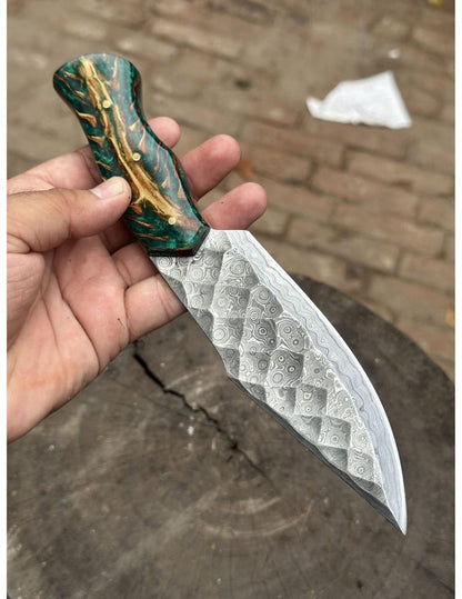 Handcrafted Textured Damascus Steel Knife with Green Burl & Epoxy Resin Handle