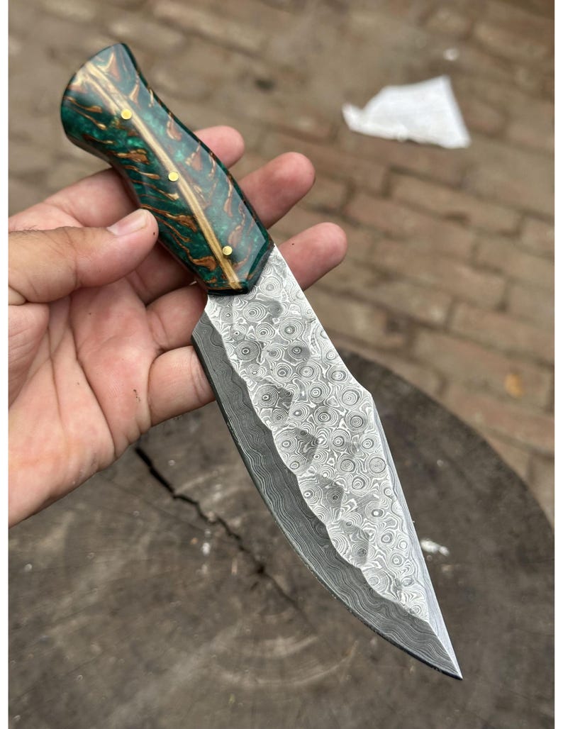 Handcrafted Textured Damascus Steel Knife with Green Burl & Epoxy Resin Handle