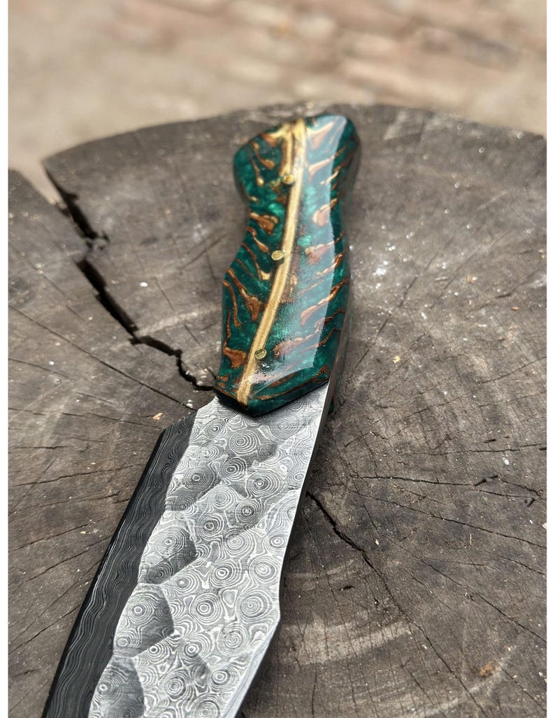 Handcrafted Textured Damascus Steel Knife with Green Burl & Epoxy Resin Handle