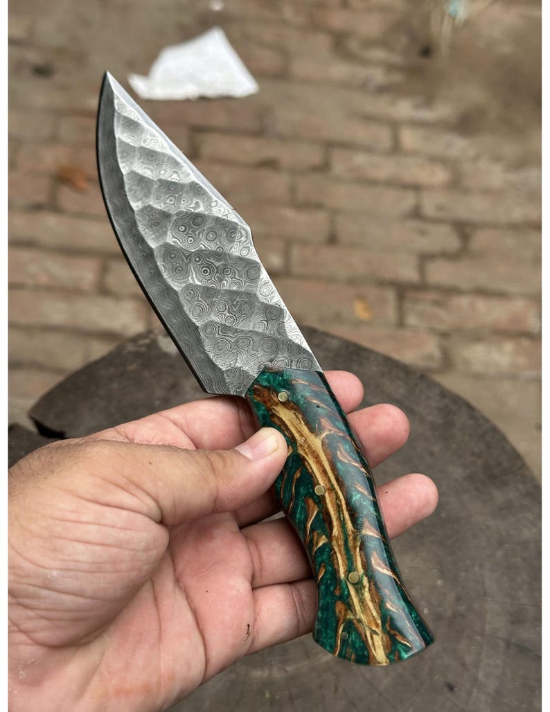Handcrafted Textured Damascus Steel Knife with Green Burl & Epoxy Resin Handle