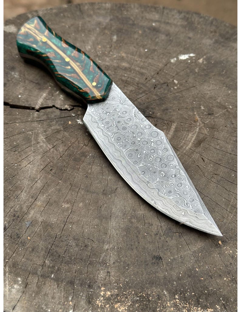 Handcrafted Textured Damascus Steel Knife with Green Burl & Epoxy Resin Handle