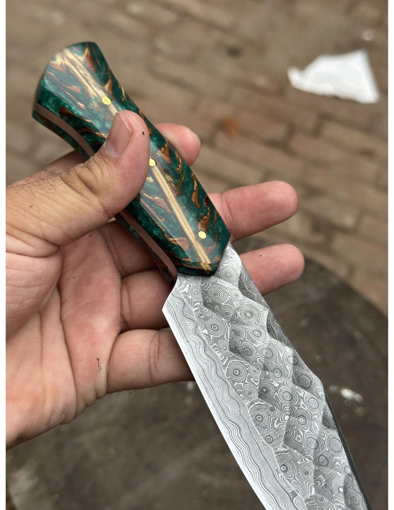 Handcrafted Textured Damascus Steel Knife with Green Burl & Epoxy Resin Handle