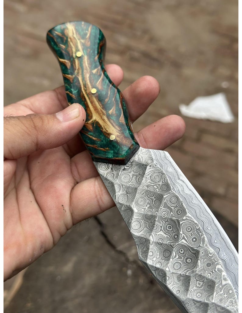 Handcrafted Textured Damascus Steel Knife with Green Burl & Epoxy Resin Handle