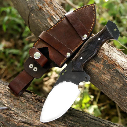 Handcrafted Carbon Steel Skinning Knife with Wood Handle & Leather Sheath