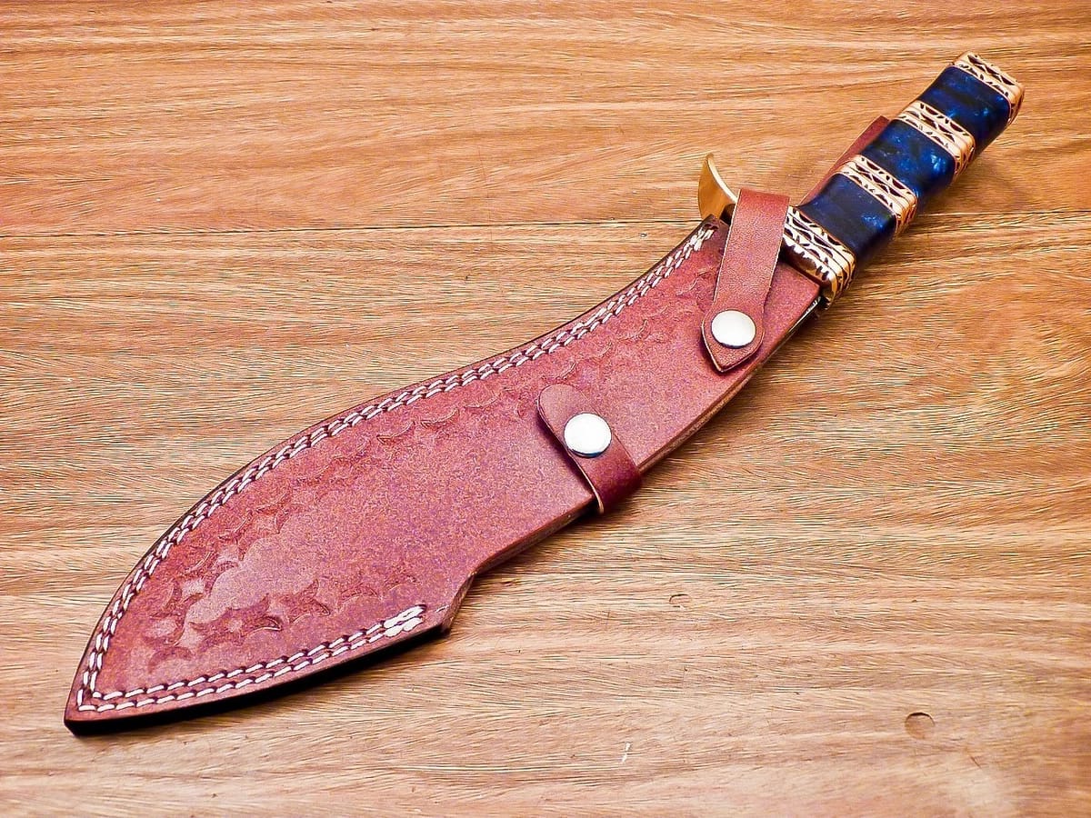 Handcrafted Damascus Steel Kukri Knife with Blue Resin Handle & Leather Sheath