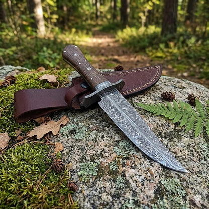 Handcrafted Damascus Steel Bowie Knife with Wooden Handle & Leather Sheath