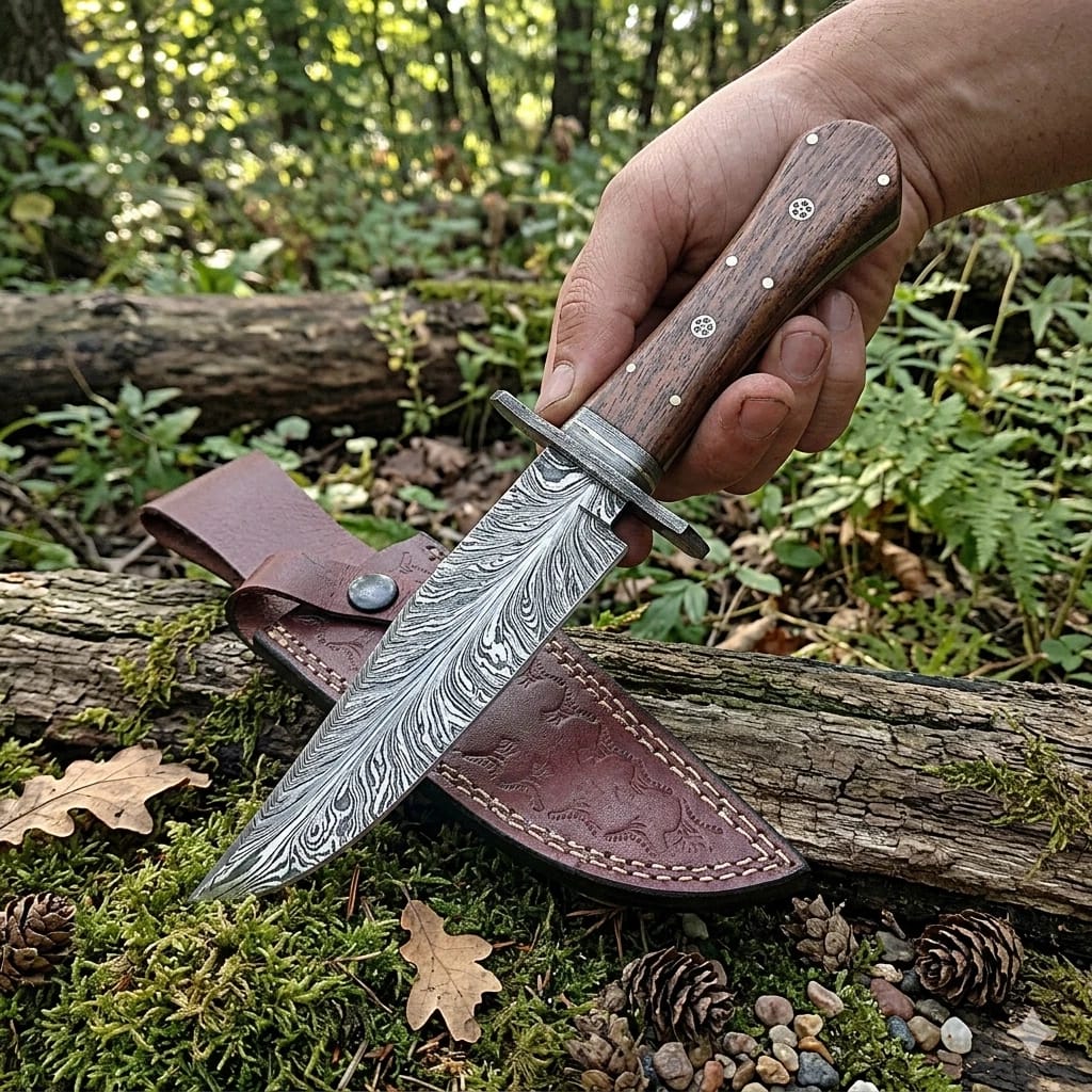 Handcrafted Damascus Steel Bowie Knife with Wooden Handle & Leather Sheath
