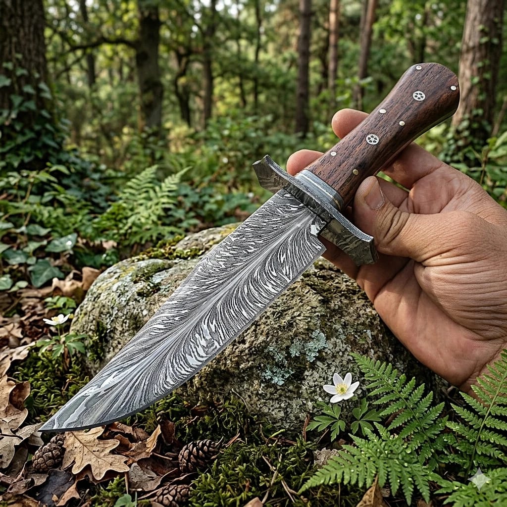 Handcrafted Damascus Steel Bowie Knife with Wooden Handle & Leather Sheath