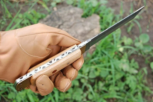 Handcrafted Damascus Steel Tanto Knife with Olive Wood Handle & Leather Sheath