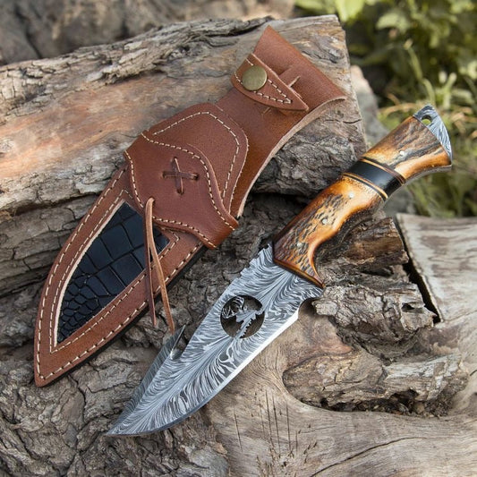 Handmade Damascus Gut Hook Hunting Knife with Stag Antler Handle & Sheath